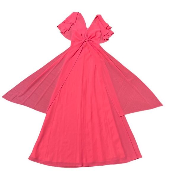 Stunning Vintage 50s / 60s Neon Coral Pink Flutter Sleeve Cape Maxi Formal Gown - Picture 2 of 6